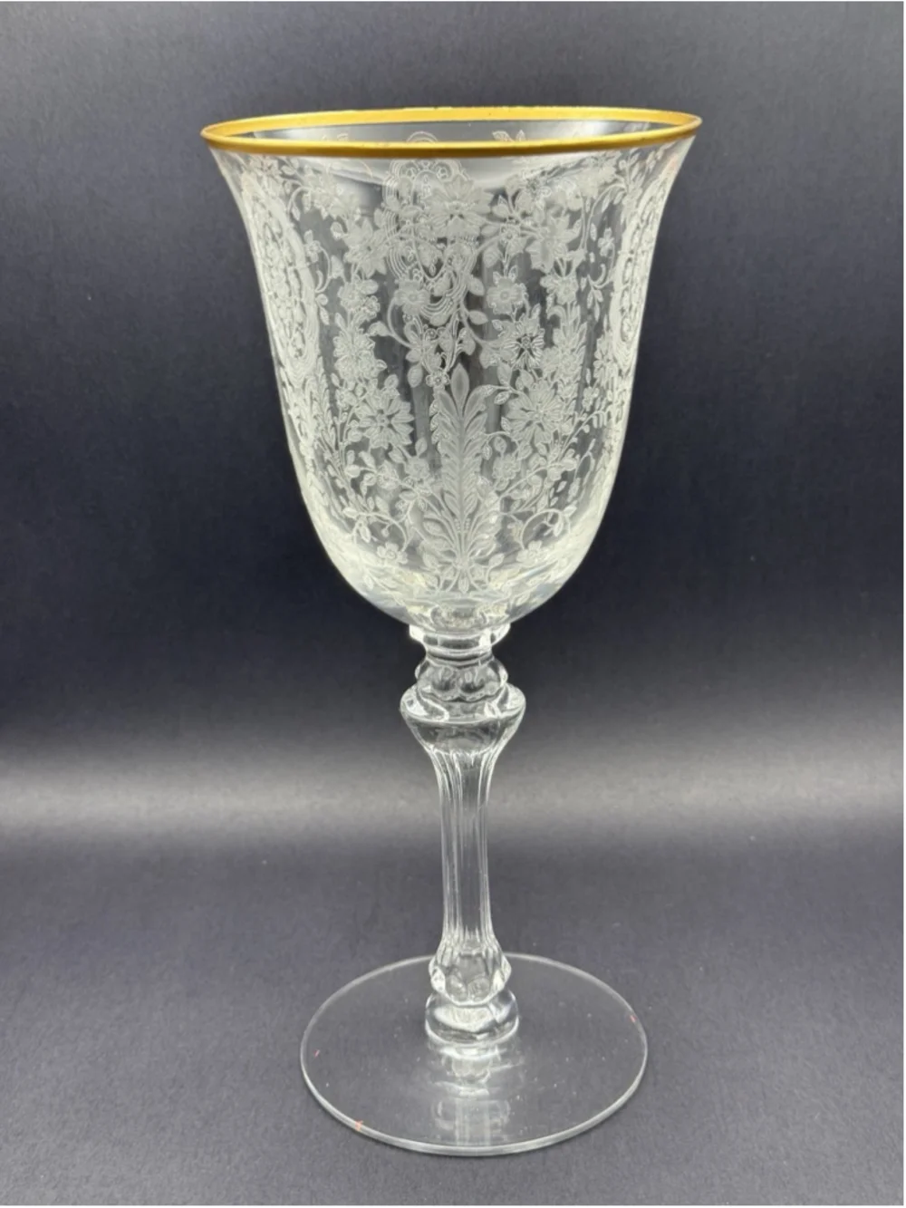 Tiffin Franciscan Etched Goblet with Gold Rim - June Night